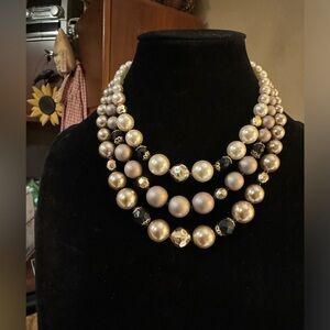 Vintage faux pearl & crystal necklace signed Japan graduated 3 strand